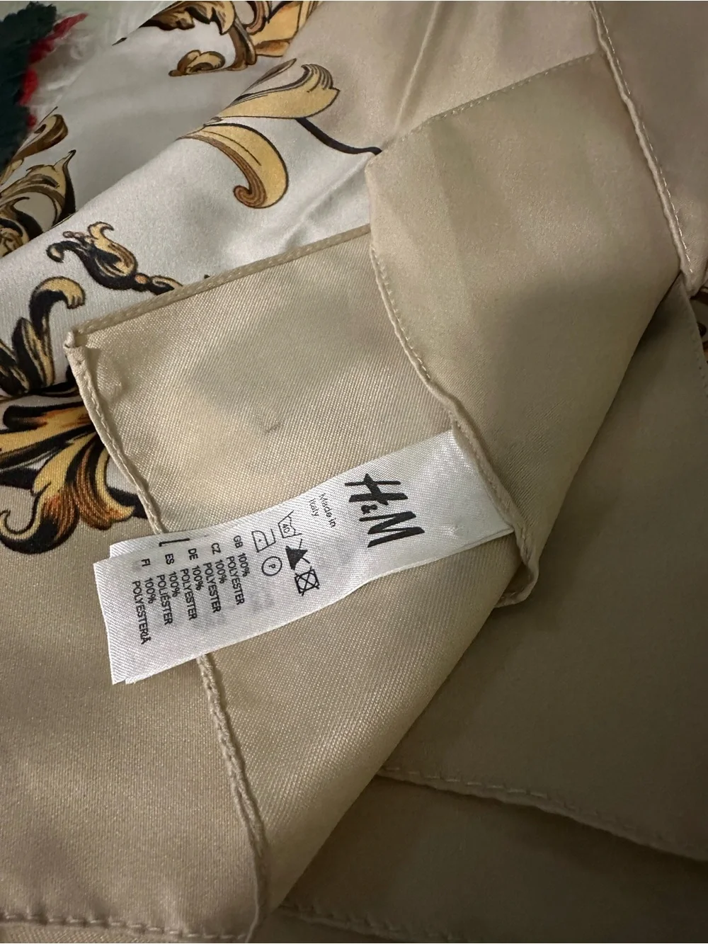 H&M Cream Scarf with Gold and Black Baroque Scroll Print